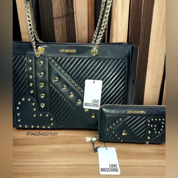 Love Moschino Studded Quilted Leather Shoulder Bag + Wallet in Black/Gold NWT - Picture 2 of 14